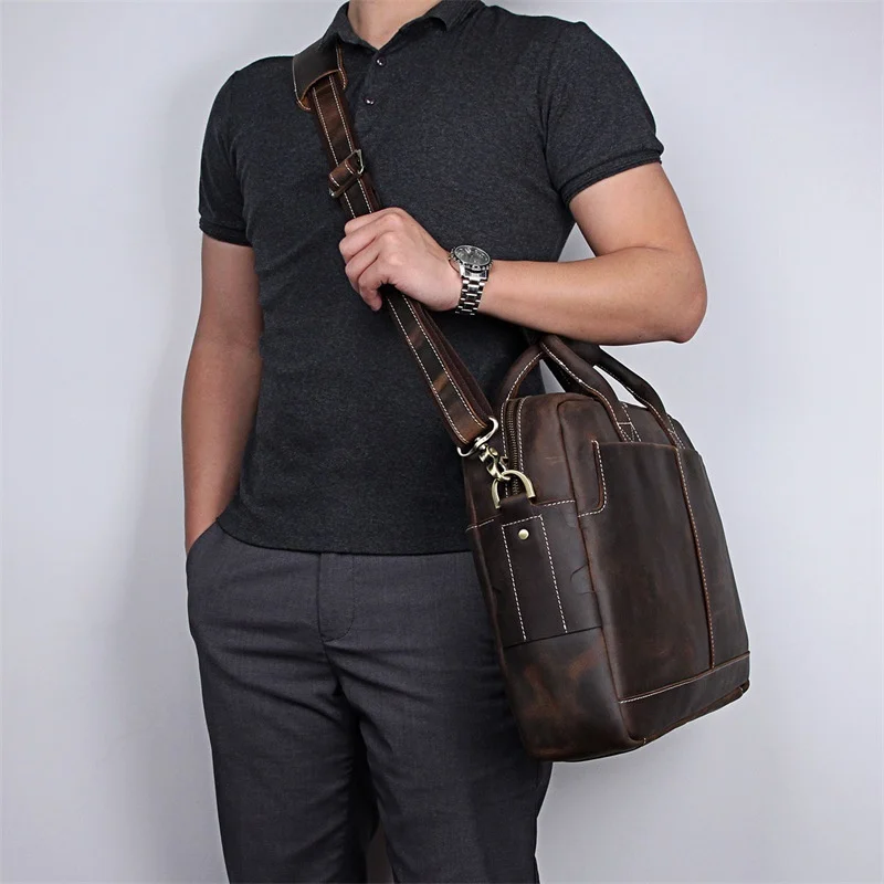 Men's Business Briefcase Male Genuine Leather Handbag for Men Crazy Horse Laptop Shoulder Messenger Bag Crossbody