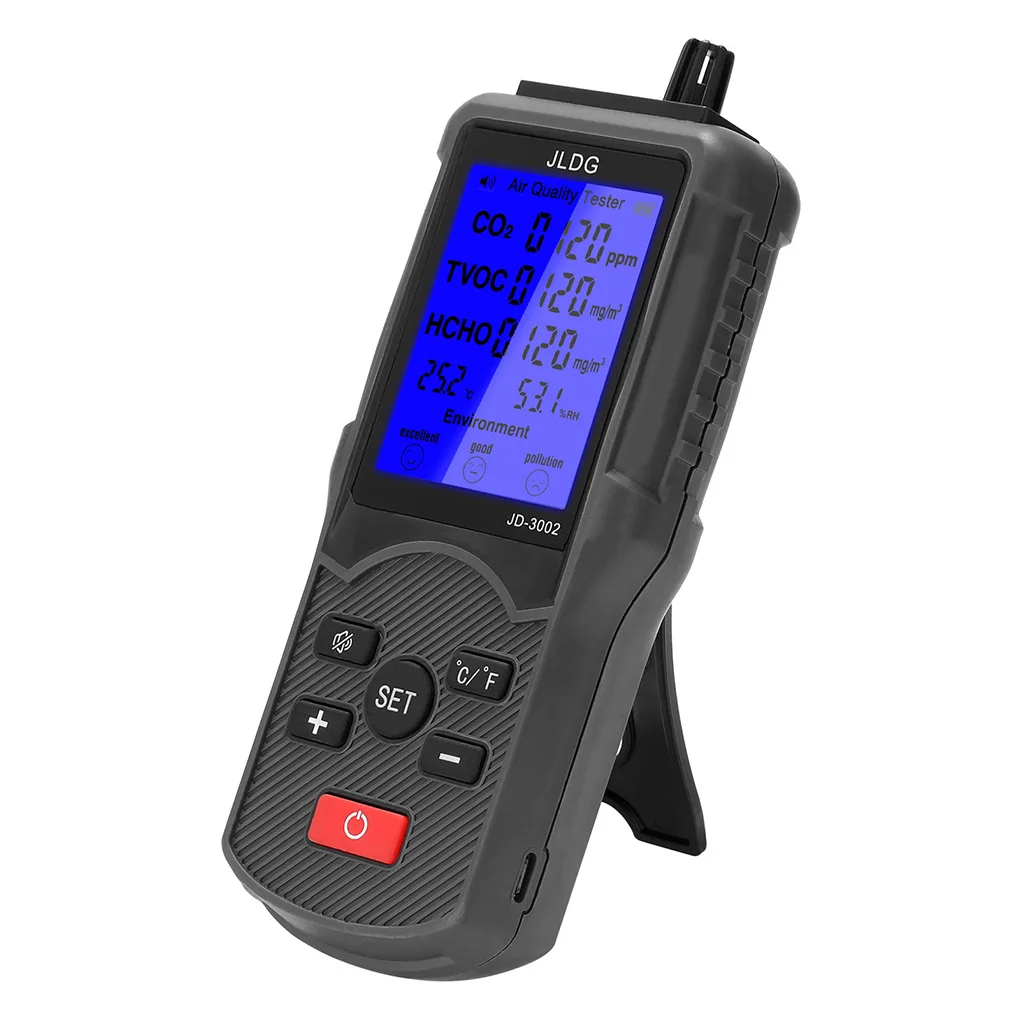 JD-3002 Multifunctional Air Quality Analyzer LCD Air Quality Detector HCHO TVOC Temperature Humidity Measuring Device CO2 Meter