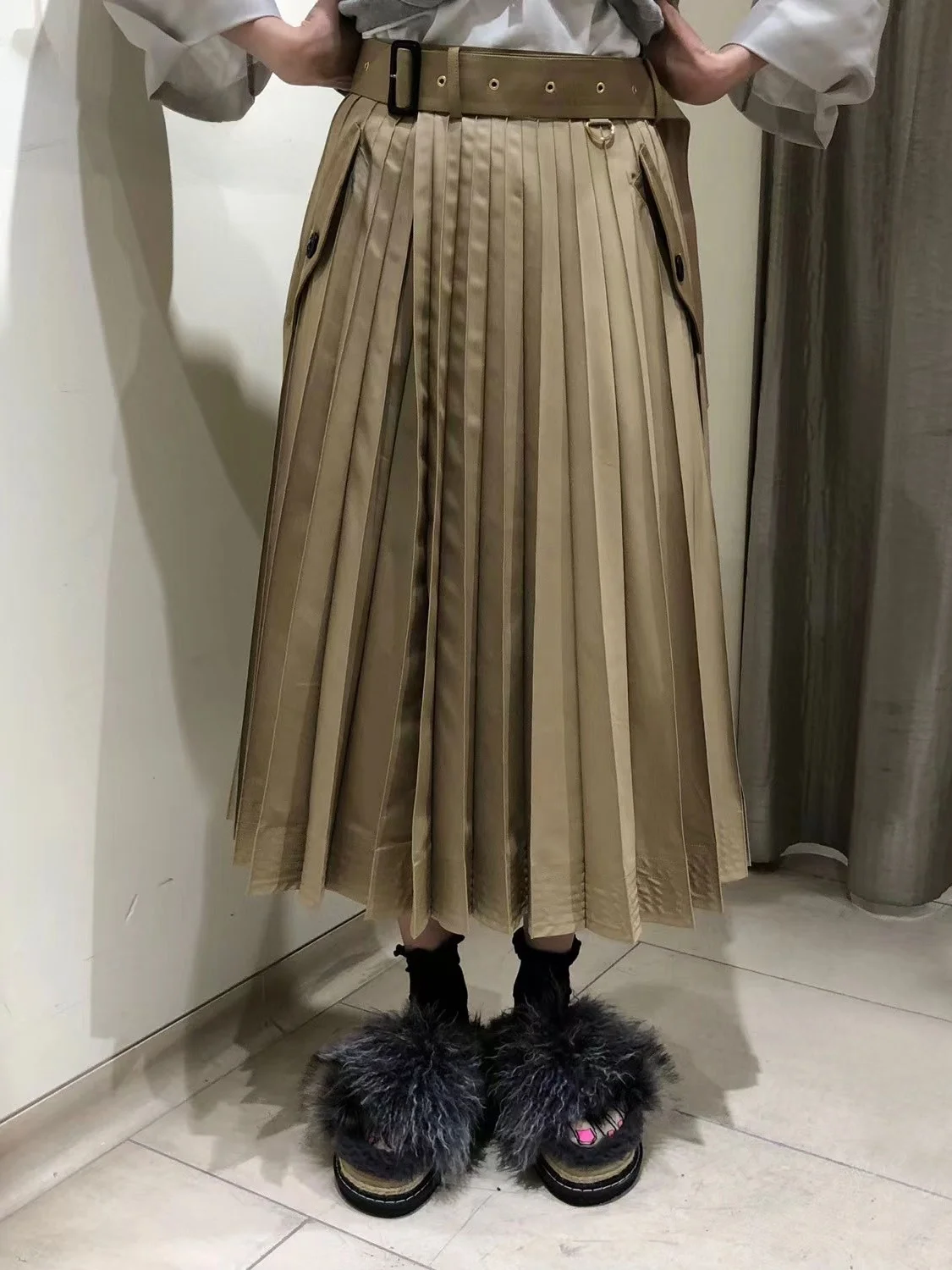 

High Waist Pleated Skirt FOG SACAI Spring Summer New Sle Belted Waist Patchwork f-length Pleated Long Skirt Korean Sle...