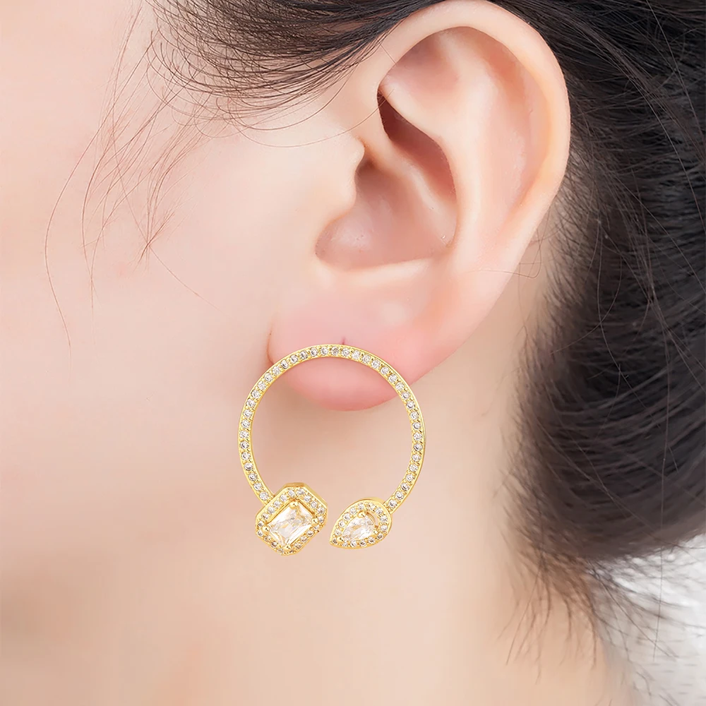 Nidin Hot Sale Elegant Round Inlaid Shiny Crystal Zircon Charm Drop Earrings Female Luxury Ear Jewelry Accessories Wedding Gifts