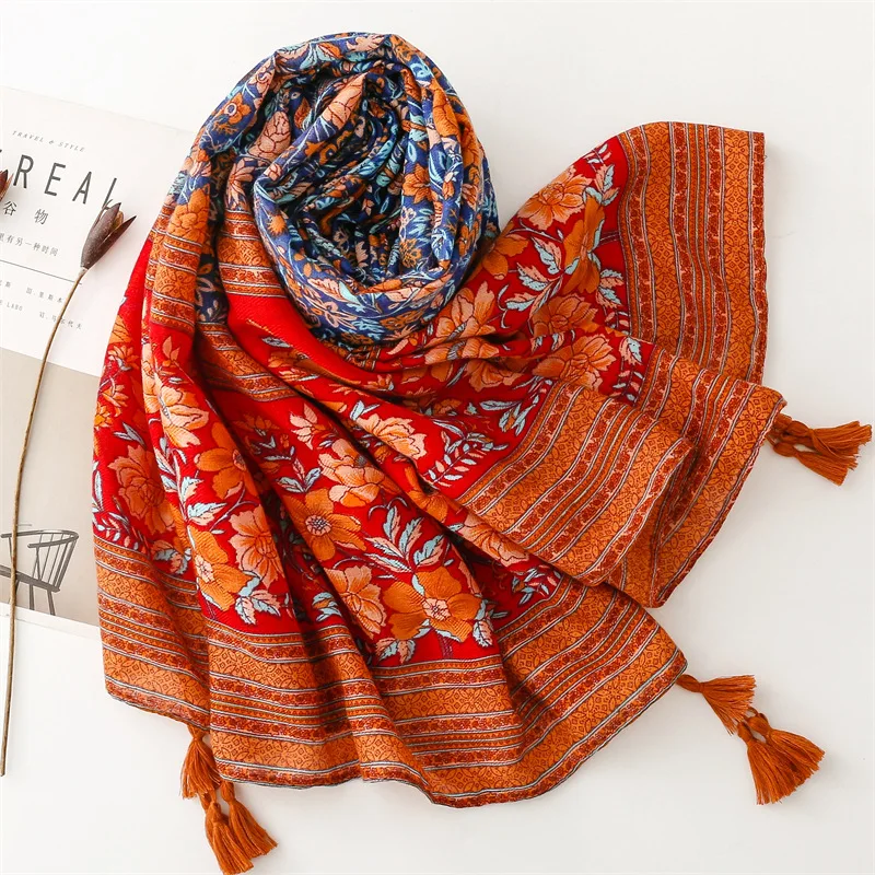 Bufanda de viscosa de marca de lujo, chales con estampado de borlas florales, estilo étnico, indio, Vintage, Pashmina, 2023x90Cm, 180