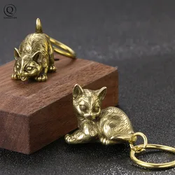 Cute Cat Figurine Brass Car Key Chain Creative Pendant Jewelry Men Women Children Keychain Gift Pure Copper Lucky Animal Keyring