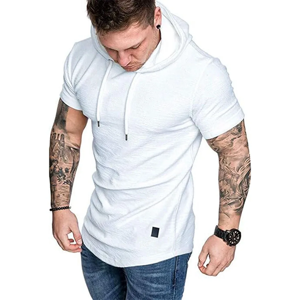 Männer Mit Kapuze Baumwolle T-shirt Kurzarm Einfarbig Slim Fit Männliche Sport Tees Leichte Fitness Männlich Casual Trendy Tops
