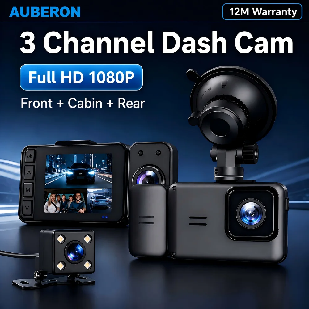 1080P 3‑Channel Dash Cam Front Inside Cabin Rear,Night Vision,G‑Sensor Car DVR Video Recorder