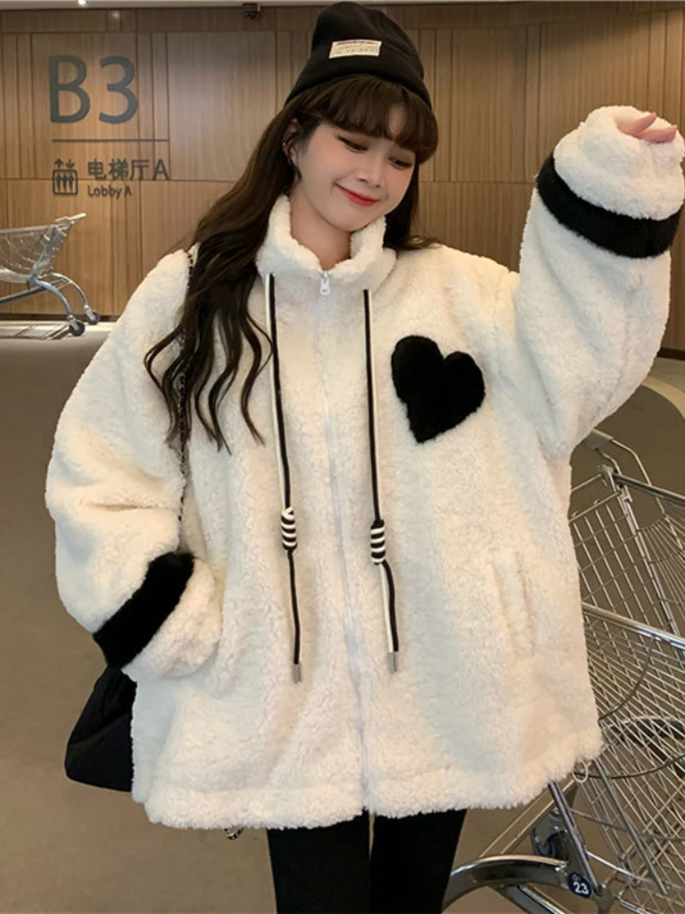 Women Jacket Lamb Plush Thickened Love Stand-up Collar Jacket Women Loose Korean Winter New Student Zipper Plus Fleece Top Tide