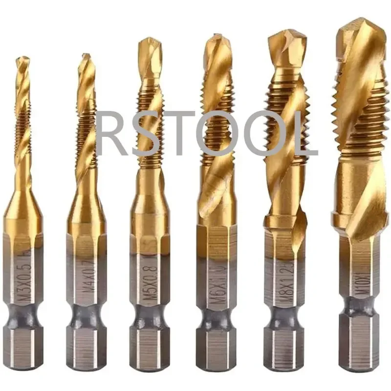 6 ชิ้น Hex Shank ไทเทเนียมชุบ HSS สกรูเกลียวเมตริกเจาะ Bits สกรูเครื่อง Compound tap M3 M4 M5 M6 M8 M10 เครื่องมือ
