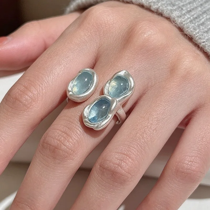 Irregular Alien Transparent  Blue Open Adjustable Rings  for Women Unique Exquisite Luxury Elegance Fashion Jewelry Accessories