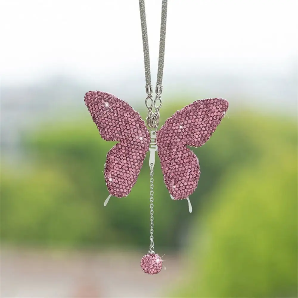 Różowy błyszczący wisiorek w kształcie motyla samochodowe lusterko wsteczne zawieszki Charms torba wisiorek kobiety dziewczyna ozdoby na prezenty dekoracja wnętrz samochodowych — zdjęcie 3