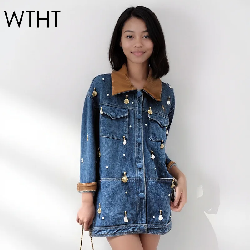 

WTHT 2025 Зимняя модная женская джинсовая куртка из искусственной кожи с лацканами и жемчугом, модное свободное пальто с длинными рукавами, женское 1LS2721