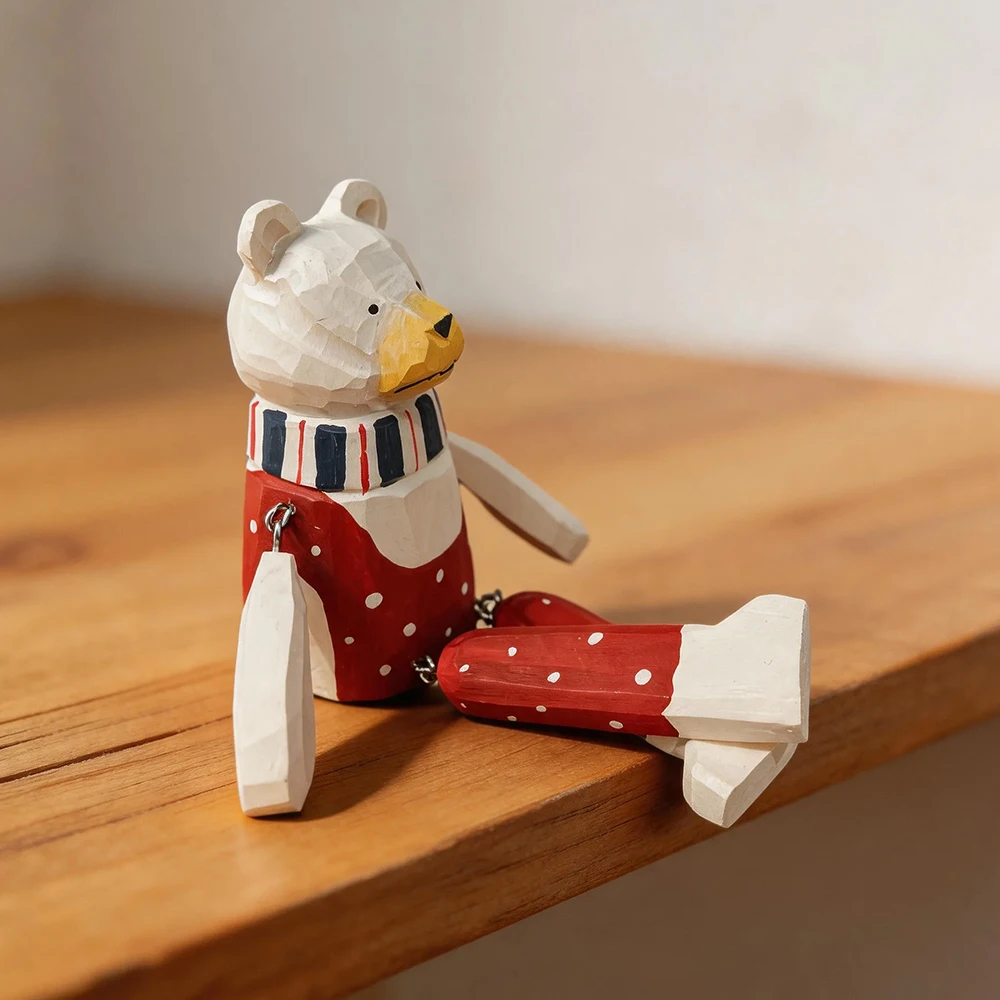 Handgeschnitzte Holzfigur Weißer Eisbär als Regaldekoration mit Beweglichen Gliedmaßen, Rustikale Heimdekoration, Weihnachtsgeschenk – Detail 4