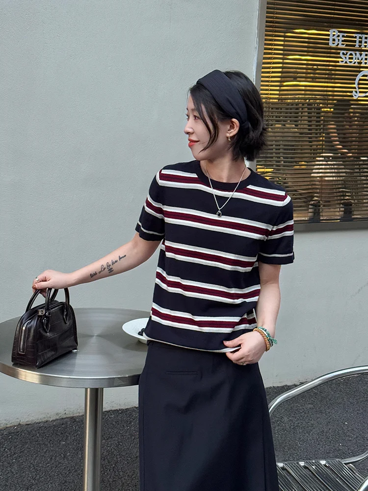 

Slim Fit Pure Cotton Knitted Stripe ort Sve T-irt round Ne Summer Top for Women New 2025 Sle Commute Faion