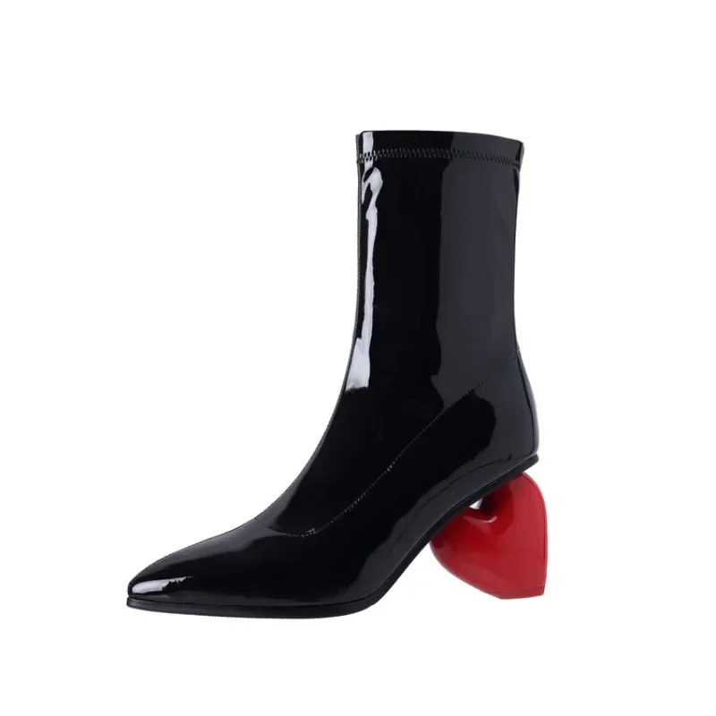 2024 Love 8cm Heel Short Boots Black/Red Patent Leather Irregular Heel Pointed Fashion Winter Side Zipper Women's Boots 34-43