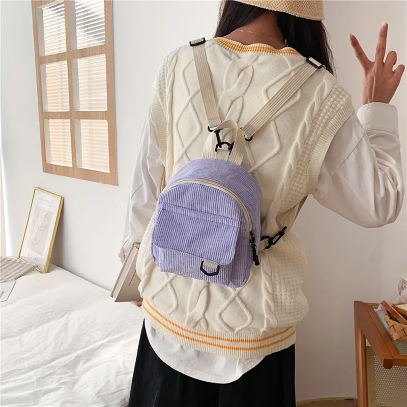 Fashion Women Mini Backpack Solid Color Corduroy Small Backpacks Simple Casual Student Bookbags Traveling Backpacks 2022