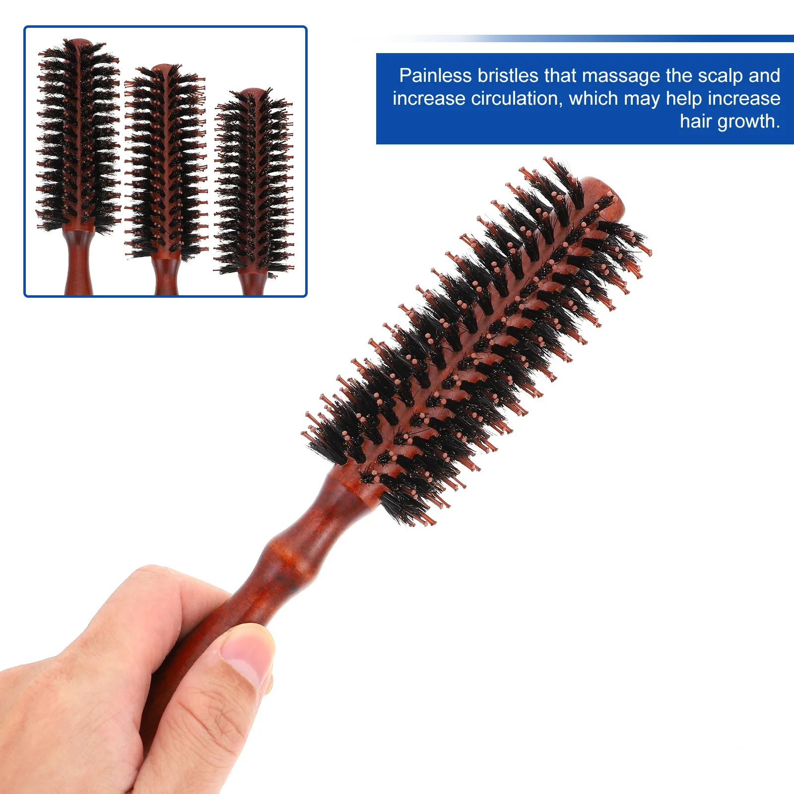 

3pcs Pig Bristle Hair Brush Round Wooden Handle Detangling Styling Tool For Blow Drying Curly Hair Salon Home Use