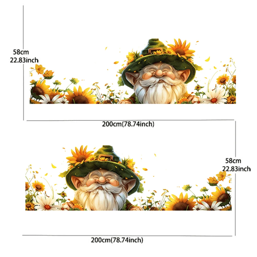 Little old man with a big beard pasting car stickers in the sunflower field, full body floral decoration covering scratches, wat