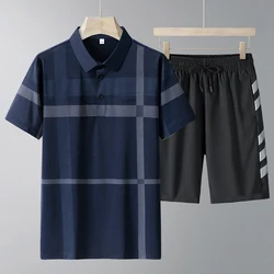 Jersey de manga corta con cuello vuelto y botones para hombre, camiseta de Color de contraste, conjunto de pantalones elásticos de cintura alta hasta la rodilla, ropa de verano