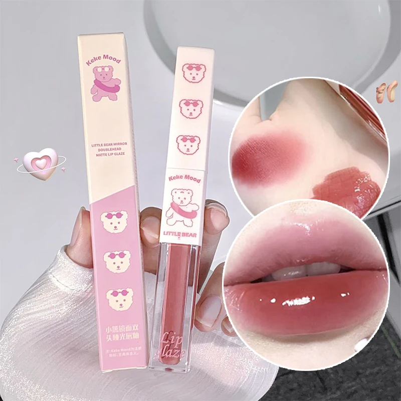 Double Head Mirror & Matte Lipstick Moisturizing Not Easy To Stain Cup Glossy Matte Soft Mist Lip Glaze Long-lasting Cosmetics