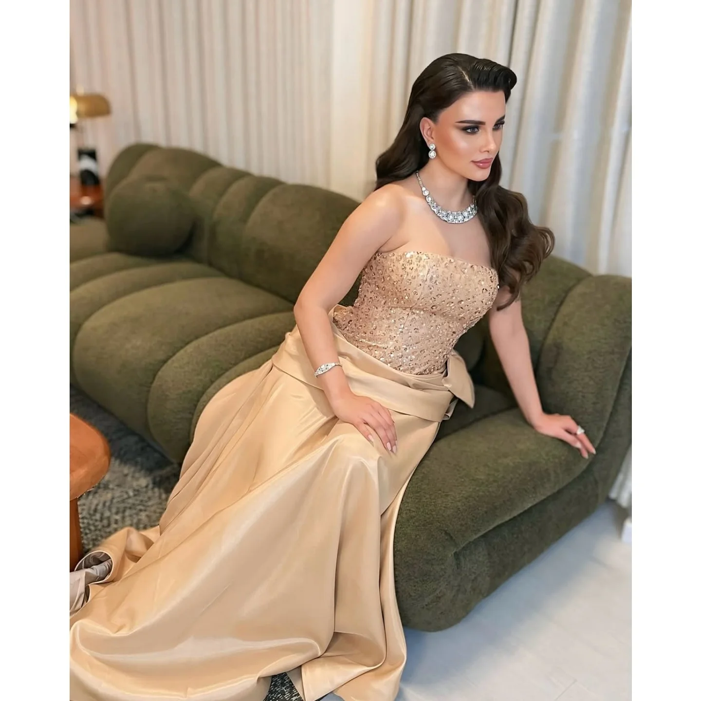 

Элегантные вечерние платья без бретелек без рукавов с кристаллами и тюлем, платье для выпускного вечера, Саудовская Аравия, женское платье для торжественных случаев, 2025 по индивидуальному заказу