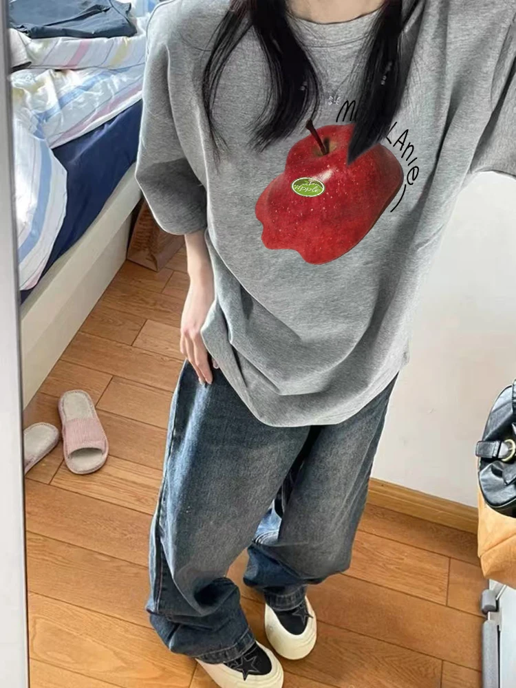 القطن الخالص التفاح الأمريكي تذوب الطباعة الإبداعية قصيرة الأكمام تي شيرت المرأة الصيف تصميم رمادي الجبهة الكتف تي شيرت عادية