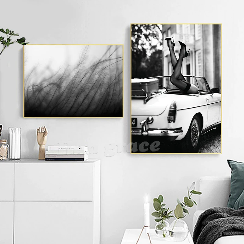 Fashion Girl Black White Photo Posters Print Vintage Street Photography Art Painting Retro Car Modern Pictures Home Room Decor