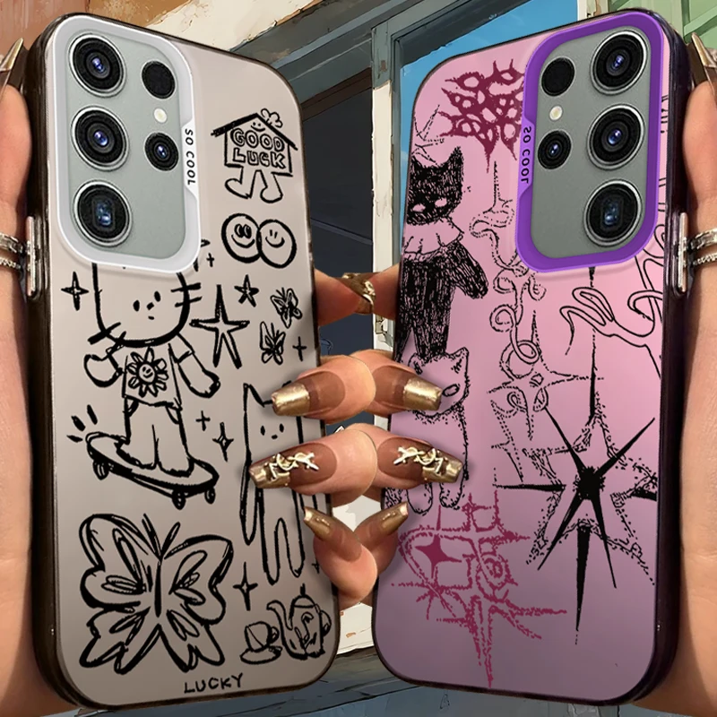 Doodle Line Cat Frosted Case for Samsung Galaxy A37 A36 A35 A34 A32 A26 A25 A24 A23 A22 5G 4G A17 A16 A15 A14 A12 Acrylic Cover