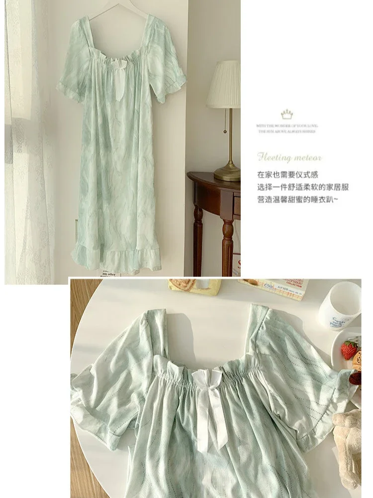 Plus Size Women Nightgown Summer Ice Silk Loose Sleep Dress Girl Squre Neck Short Sleeve Pajamas Home Clothes Loungewear 5XL