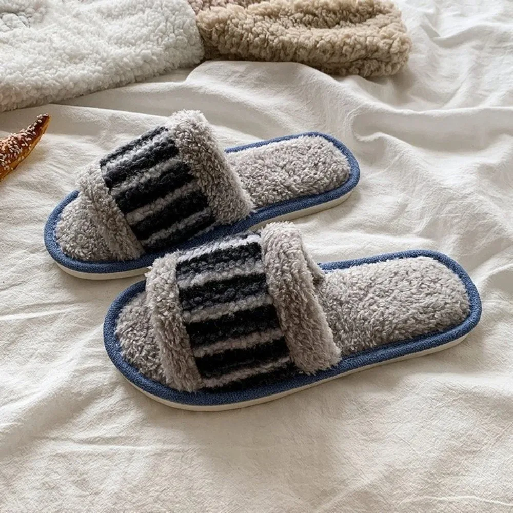 

Lovely Stripe Plush Warm Slippers Non-Slip Thick Sole Winter Indoor Slippers Patchwork Casual Soft Home Slippers Dormitory