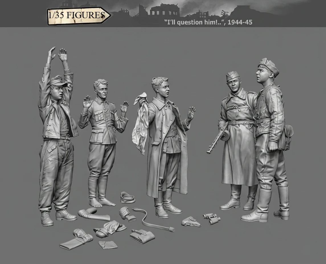1/35 Scale Resin Figure Model Kit Scene Miniature Statue Surrender Soldiers 5 People Miniature Unassembled Unpainted DIY Toys