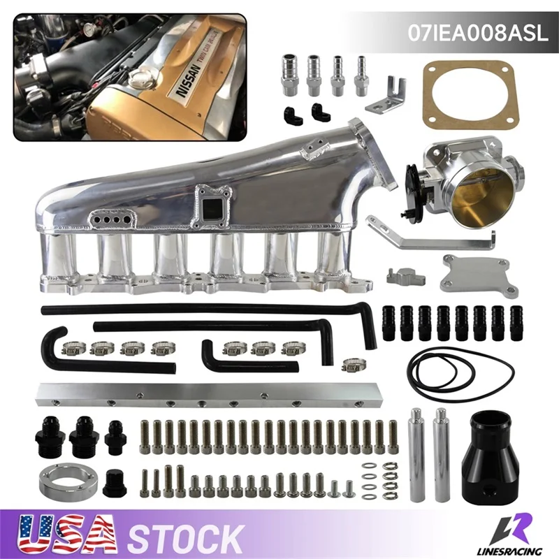 Intake Manifold Fuel Rail 90mm Throttle Body Fits for Nissan Skyline GTR R32 R33 RB26DET 2.6L Engine 89-02 Silver/Black