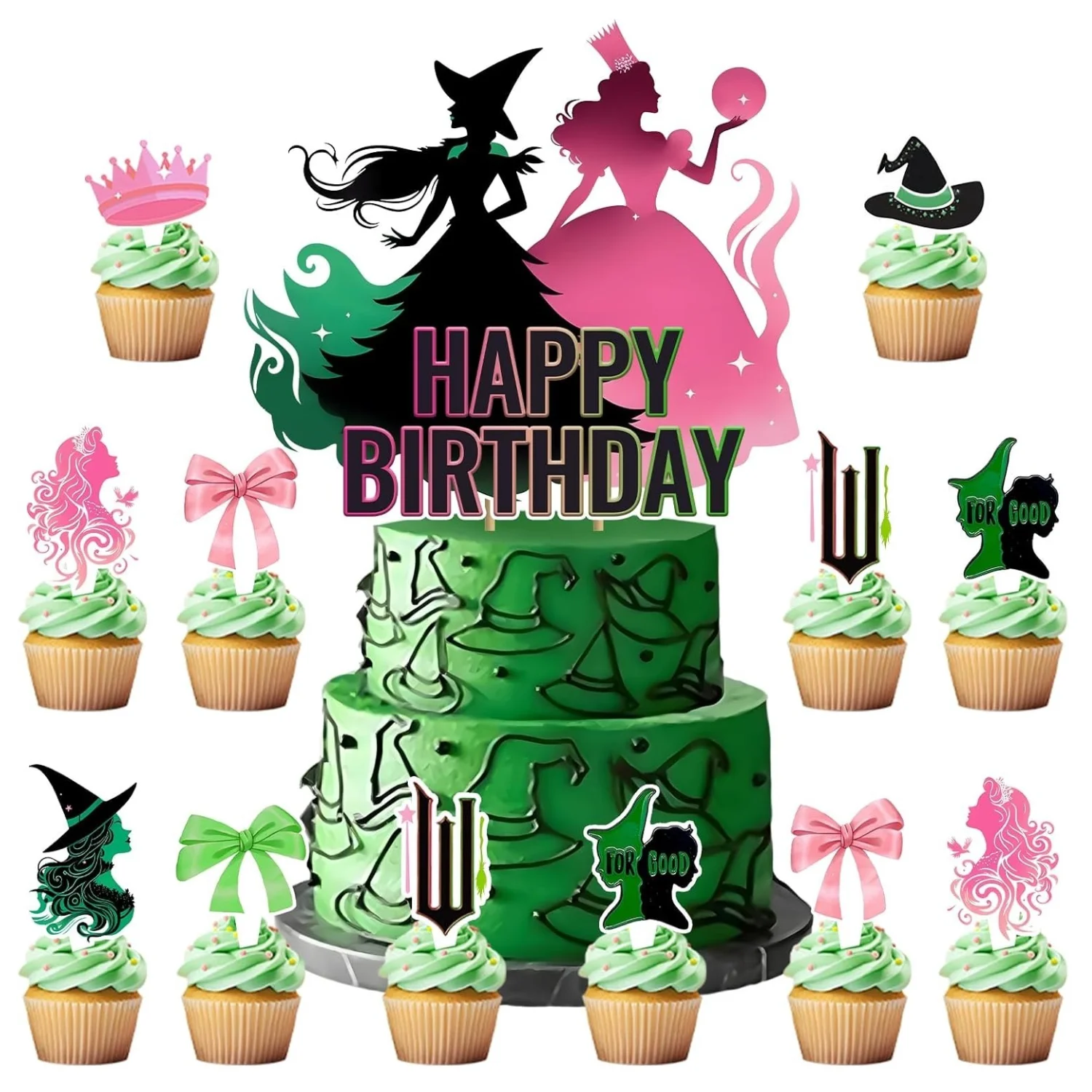 25 Stück Cupcake-Topper zum Hexen-Geburtstag, rosa und grüne Kuchendekorationen, lustige Prinzessinnen-Schleifen-Kuchenaufsätze für Halloween