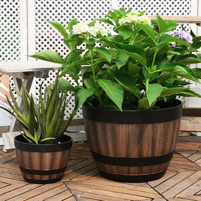 Resin Whiskey Barrel Flower Pot Round Planter Indoor Outdoor Garden Yard Patio Flower Pots Green Planting Pot Flowerpot VC