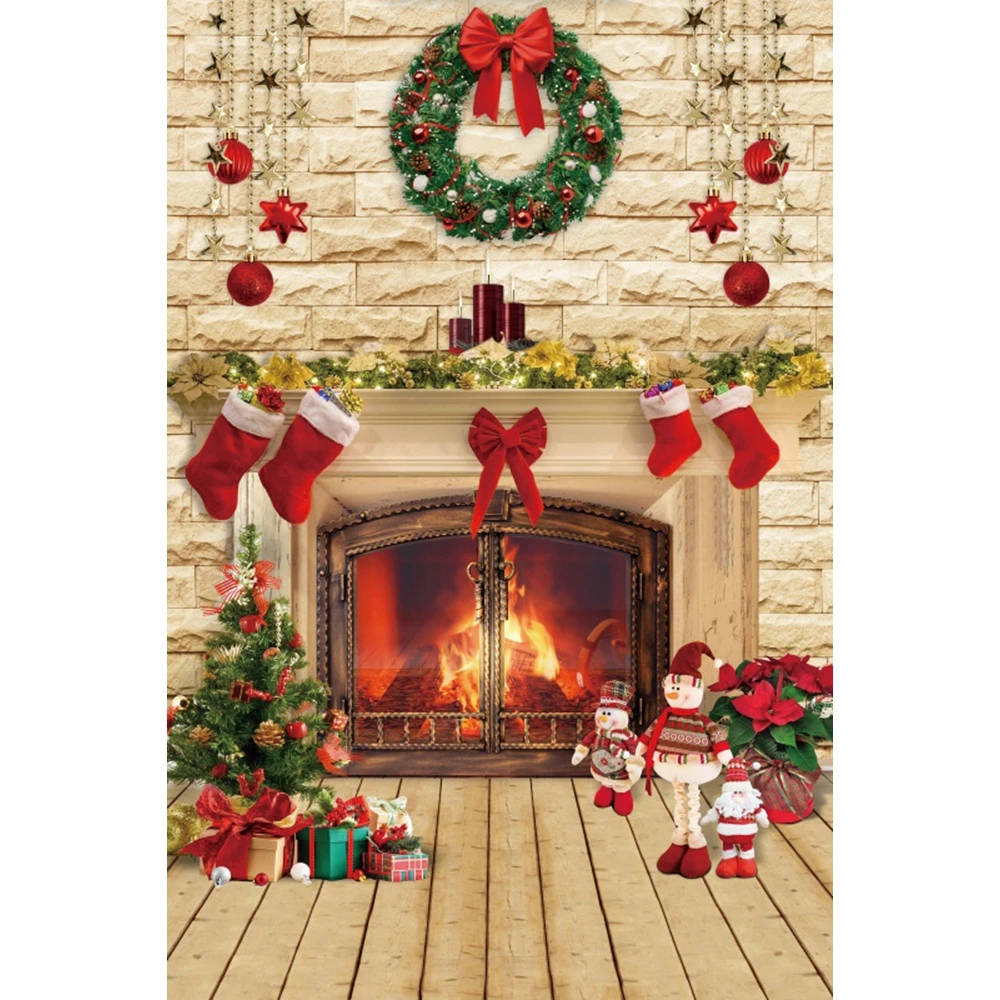 Laeacco Winter Christmas Fireplace Photography Backdrop Interior Vintage Xmas Stockings Kids Family Party Portrait Background