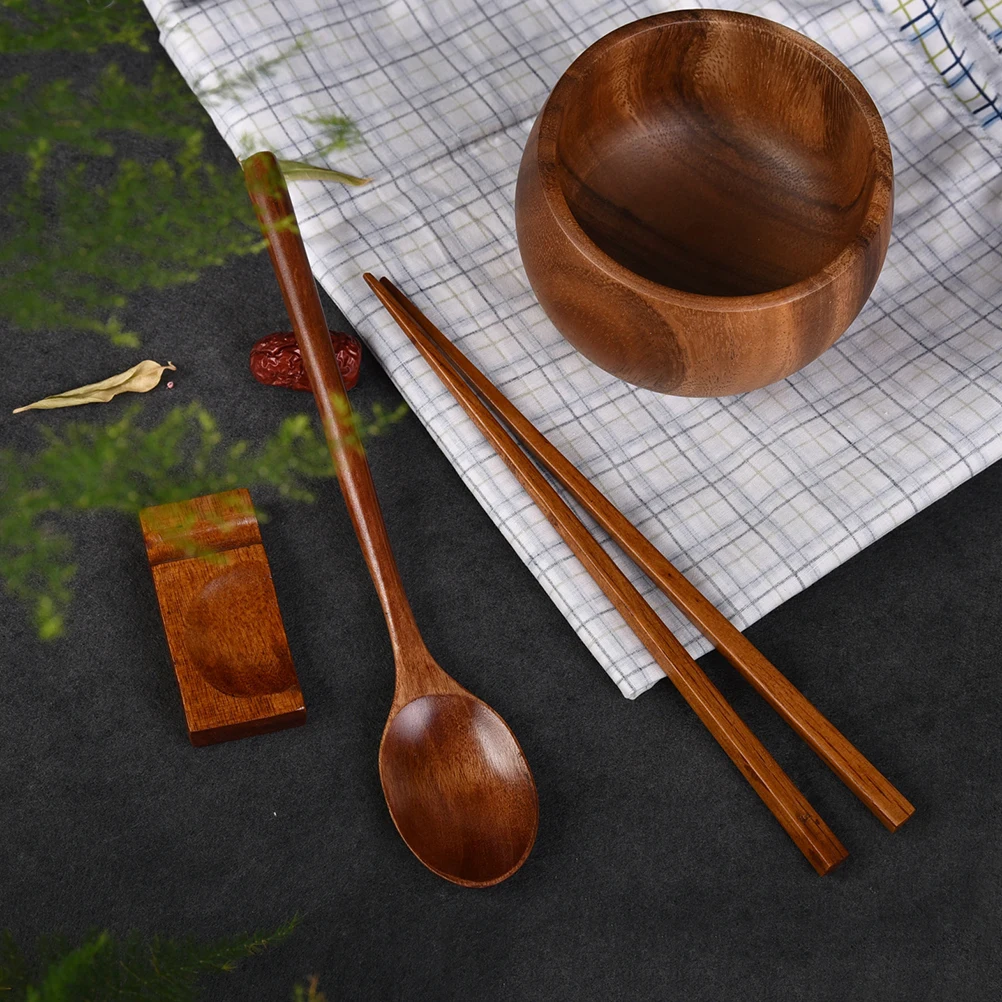 

4Pcs Wooden Tableware Set Portable Cutlery Travel Dinnerware Friendly Reusable Chopsticks Spoon Lightweight