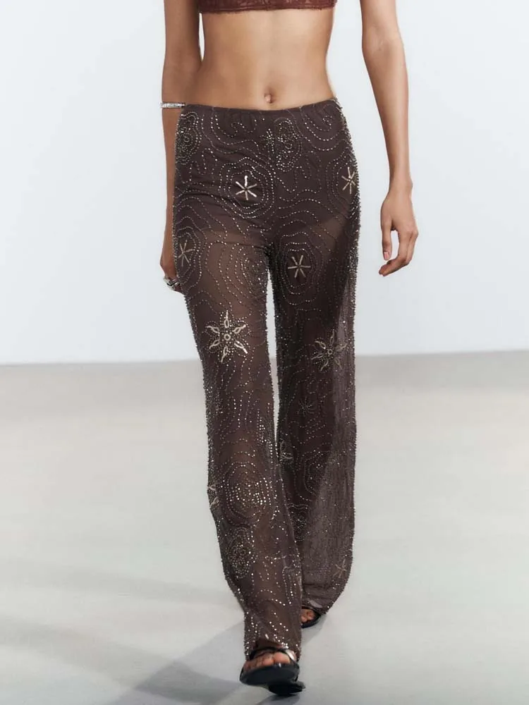 Elegant Shiny Sequins Wide Leg Pants Women Sexy Loose Beading Snowflake See Through Trousers 2025 New Lady Holiday Outerwear