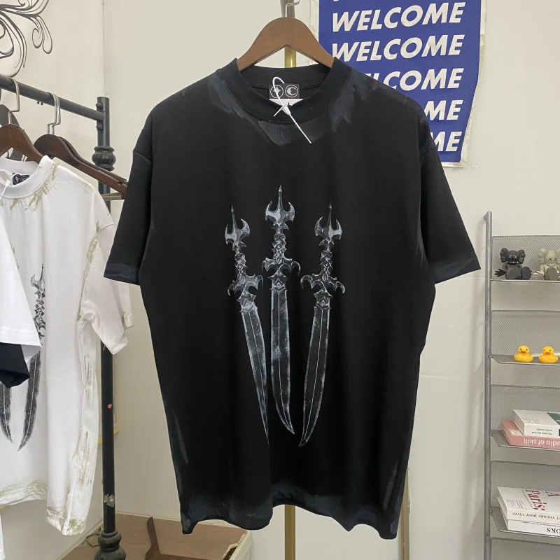 

Vintage Printed Loose ort Sve T-irt ex Youth Faion Breathable Casual Wear Summer Top Thug Club Holy Sword Dirt Dyed