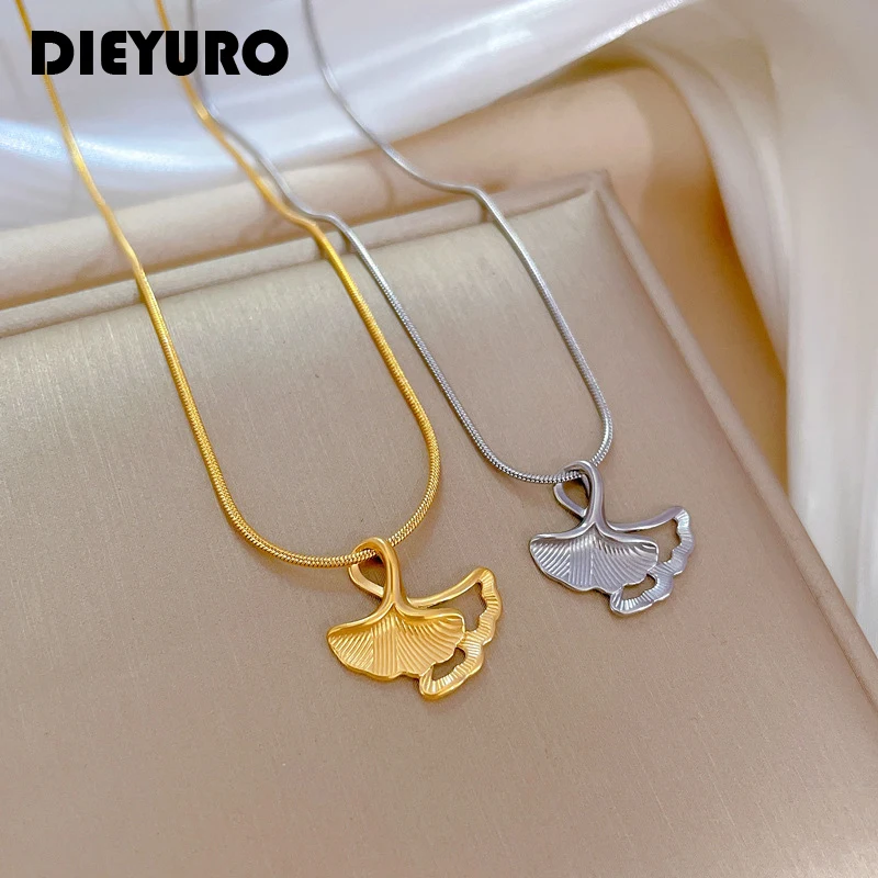 DIEYURO 316L Stainless Steel Gold Silver Color Ginkgo Leaves Pendant Necklace For Women Girl New Trend Neck Chain Jewelry Gift