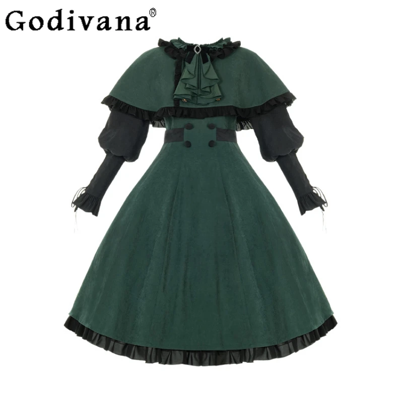 

Japanese Style Rojita Contrast Black and Green Op Cloak Outfits Lolita Autumn Dress Coat 2 Pieces Set Outer Wear Women's Clothes