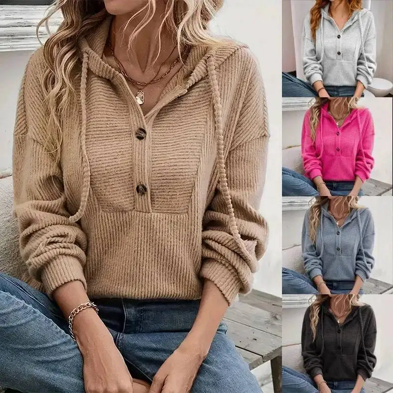 เสื้อฮู้ดแขนยาวลำลองสำหรับผู้หญิง สไตล์ไหล่ตก ผลิตจากเส้นใยโพลีเอสเตอร์ ความยาวเต็มตัว ไม่มีลวดลายตกแต่ง