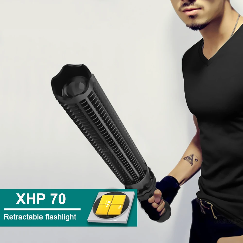 Super XHP70 Powerful Tactical Flashlight Led Self Defense Telescopic Baseball Bat Torch Waterproof Rechargeable 18650 Battery