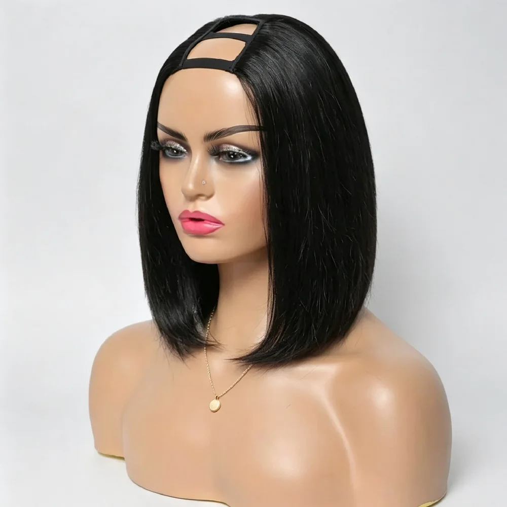 6 18 Inch Straight Bob V Part Natural Color Wig Human Hair Upgrade U-Shaped Wig 250% Density Preplucked 100% Human Hair Wig