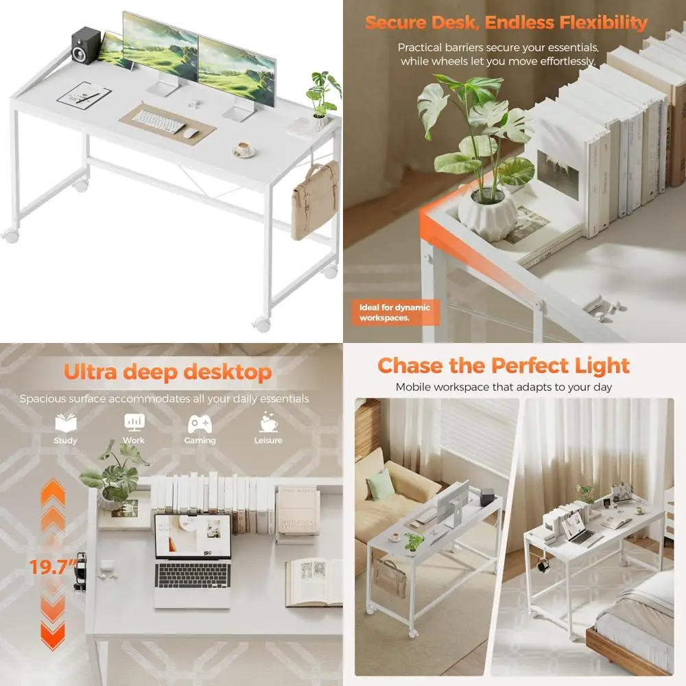 Compact Rolling Gaming Desk with Wheels, Modern Simple Style Home Office Table for Small Spaces, Ideal for Study and Writing