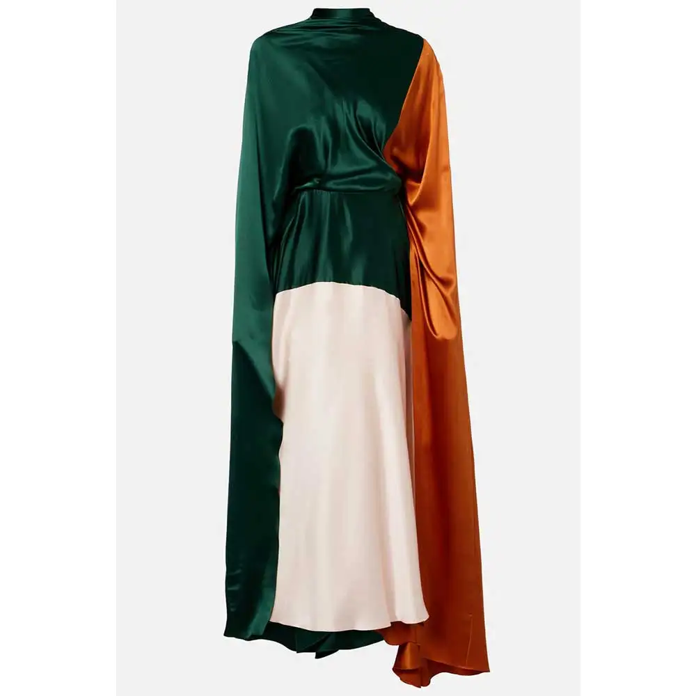 YUNLAN Customized Elegant Saudi Arabian Green Silk Crepe Shawl-Style Maxi Evening Gown, Wedding Guest Cover-Up Robe for Women view 3