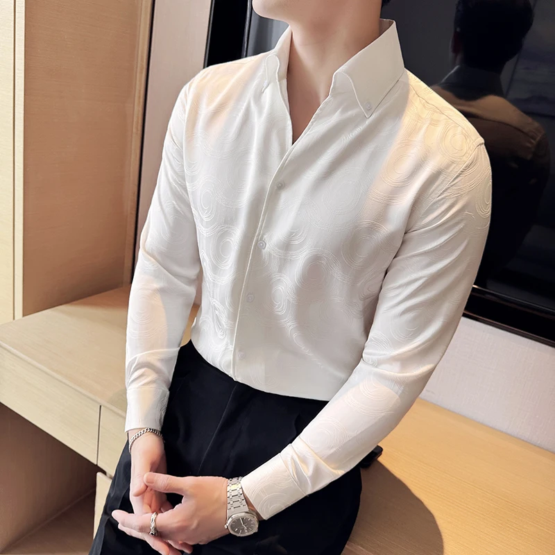 Black White Luxury Dark Jacquard Shirts Fashion V Neck Long Sleeved Slim Fit Casual Business Social Formal Shirt Club Outfits