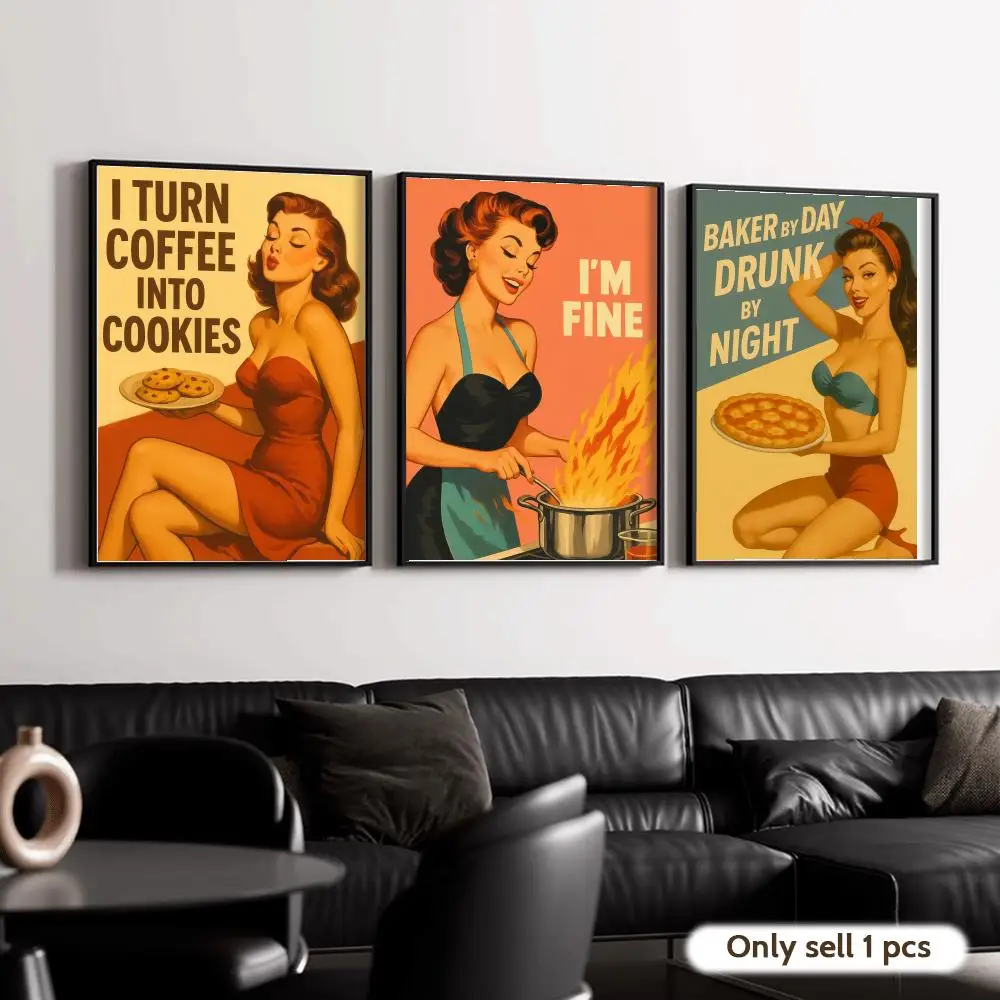 Retro Pin-Up Girl with Funny Kitchen Poster Decorative Wall Art Stickers Mural Photo Print for Home Living Room Hallway Decor view 2