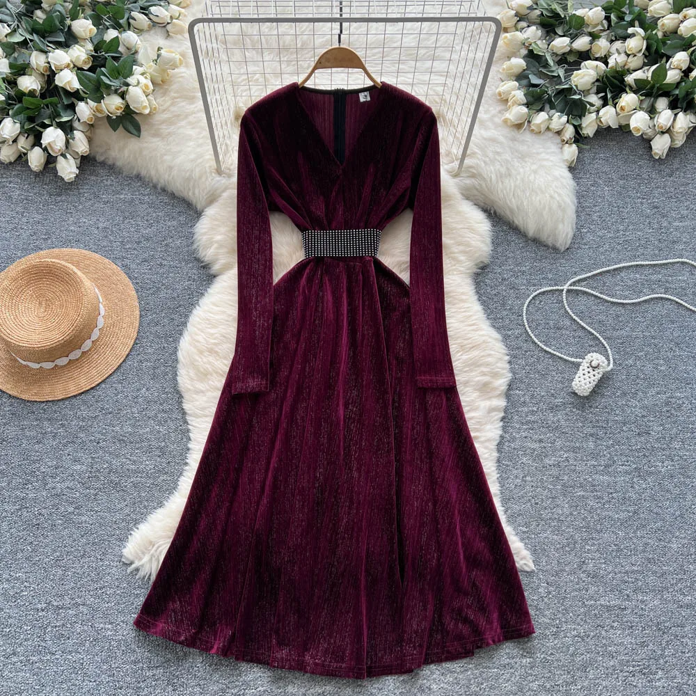 Sexy long sleeve V-neck slim glitter dress vintage Elegant Women Party korean fashion fairycore dresses