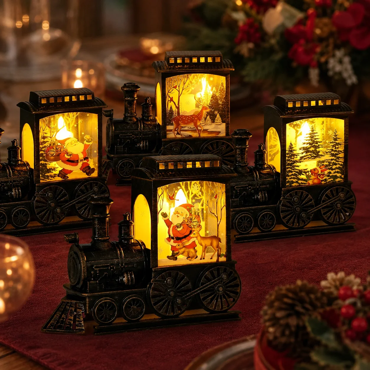 Santa Christmas Train Night Light Vintage LED Table Lantern with Warm Glow for Fireplace Mantel Home Winter Holiday Decoration