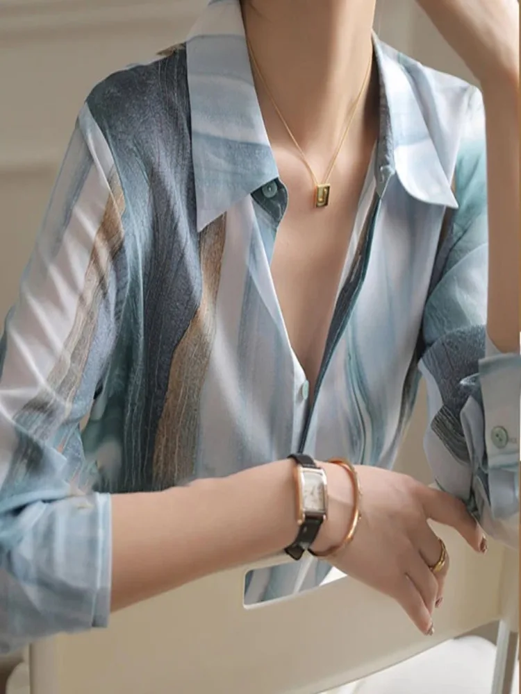 Silk Shirts For Women Tops Spring Korean Loose Blouse Clothing Long Sleeve Casual Striped Blue Shirt Zm3084