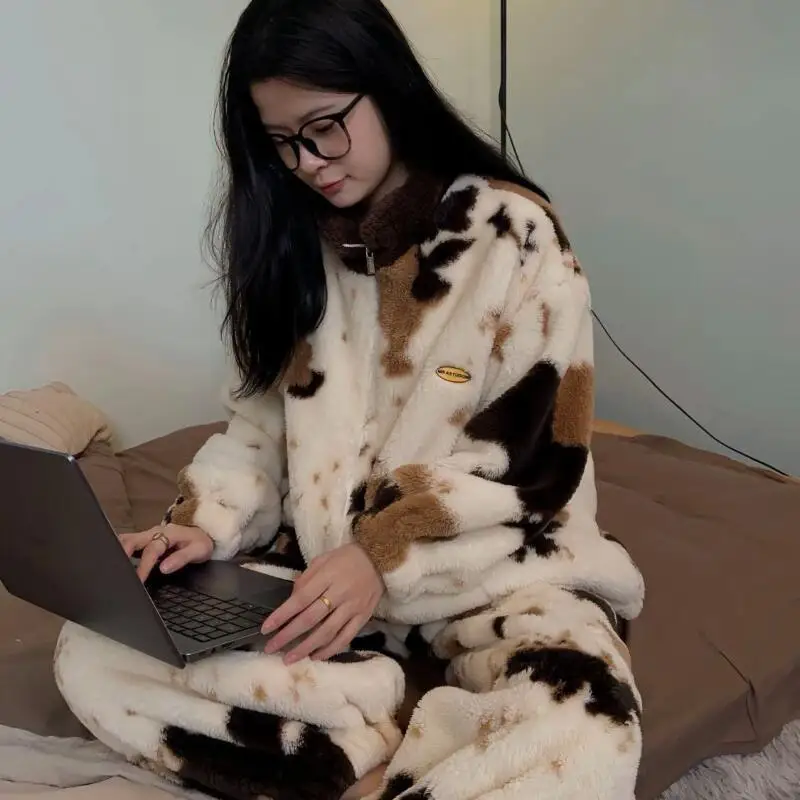 

Осень-зима, утепленный женский пижамный комплект, домашняя одежда, воротник-стойка, флисовая подкладка, теплая ночная рубашка, коралловый флис, одежда для сна для девочек