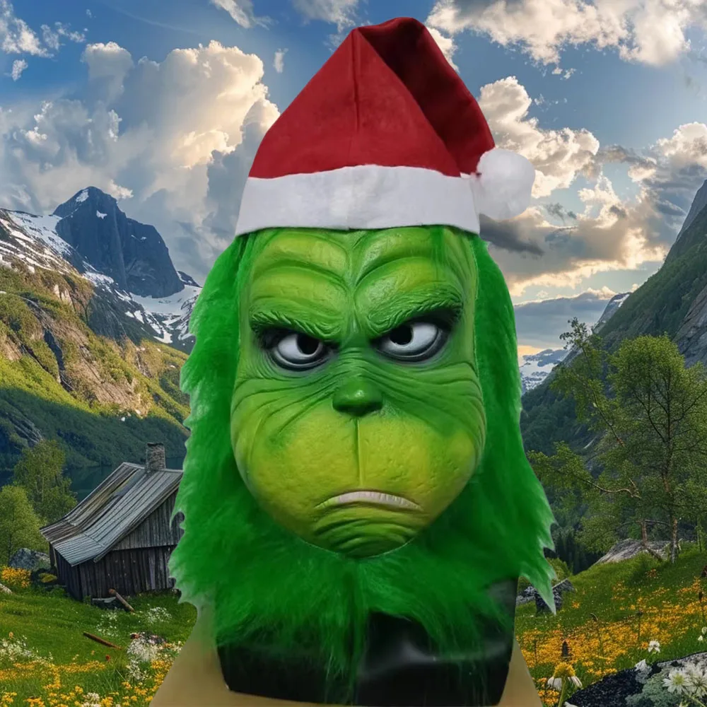 Máscara de Grinch verde de calidad, Cosplay de Navidad y Halloween, máscara de monstruo de piel verde, accesorios de máscara de látex de Anime, guante Grinch