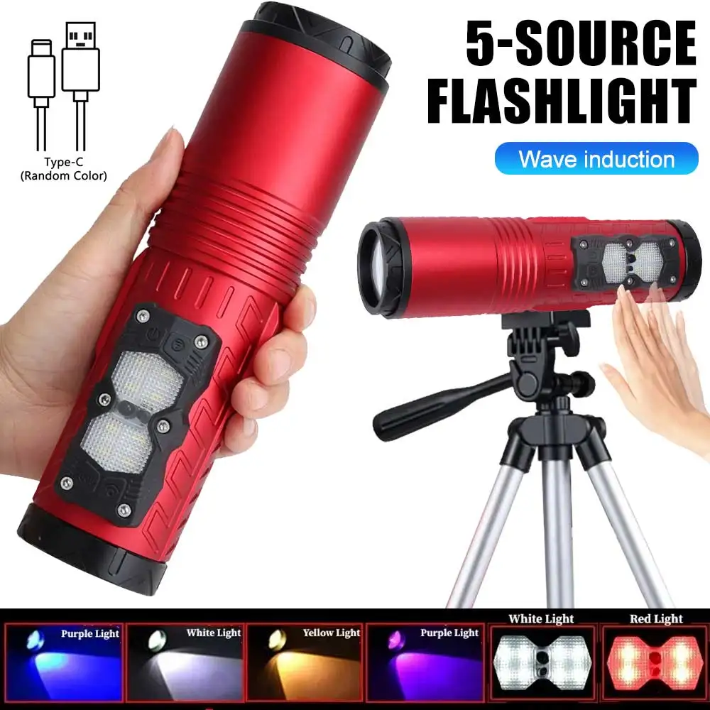 30W Super Bright Zoom Night Fishing Flashlight 5 Light Sources Blue UV White Yellow Red Light